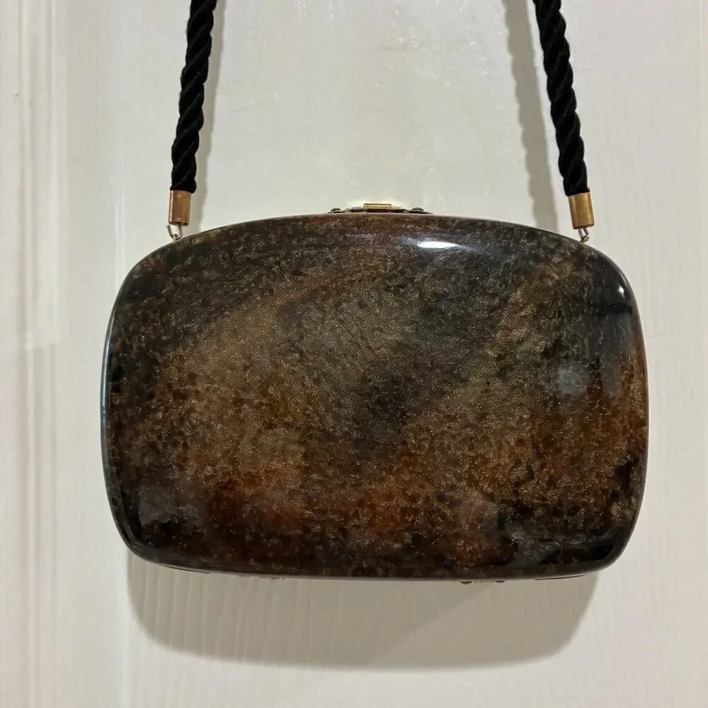 Vintage Lucite Tortoise Shell Cross Body Purse Bag Cord Strap 6.5”x4.5x1.75”